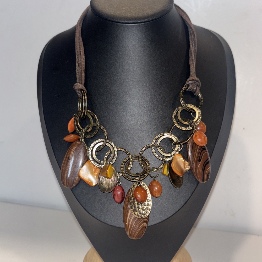 Boho Statement Bib Necklace Mixed Media Earth Tone Cord Shell Marbled Metal
